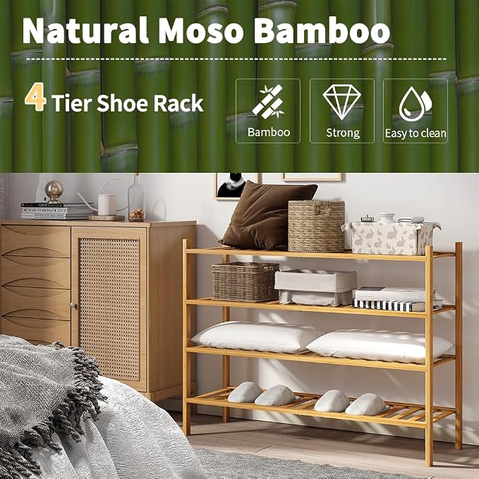 Long Shoe Rack, 4-Tier Bamboo Stackable Shoe Shelf Storage Organizer, Shoe Stand for Closet, Entryway and Hallway