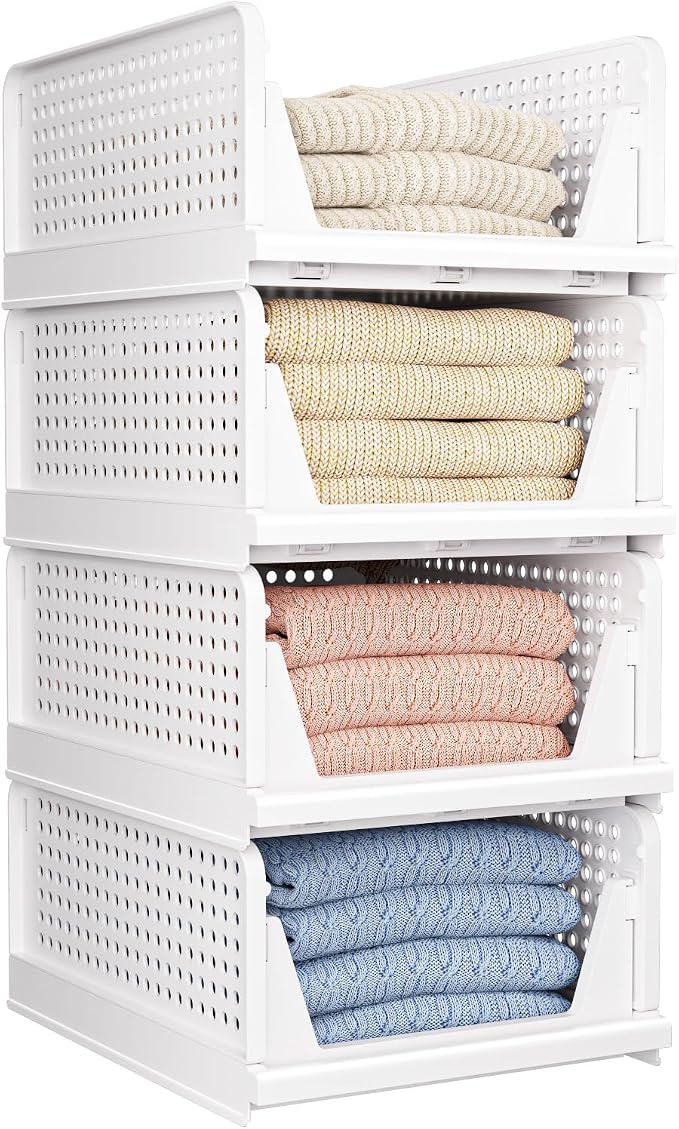 4 Pack Folding Closet Organizers Storage Box, Stackable Storage Bins, Plastic Drawer Basket Closet Storage for Wardrobe Cupboard Kitchen Bathroom Office White-4L | White stackable plastic drawer bins for closets, wardrobes, kitchens, bathrooms, offices