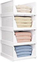 4 Pack Folding Closet Organizers Storage Box, Stackable Storage Bins, Plastic Drawer Basket Closet Storage for Wardrobe Cupboard Kitchen Bathroom Office White-4L | White stackable plastic drawer bins for closets, wardrobes, kitchens, bathrooms, offices