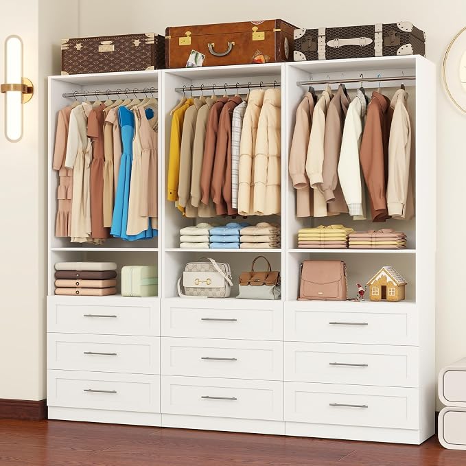 Closet System with 9 Drawers, 6FT-15FT Closet Organizer System Wooden Walk-in Closet Shelf Corner Small Closets Storage System with 6 Hanging Rods Freestanding Modular White, 3 Sets