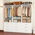 Closet System with 9 Drawers, 6FT-15FT Closet Organizer System Wooden Walk-in Closet Shelf Corner Small Closets Storage System with 6 Hanging Rods Freestanding Modular White, 3 Sets
