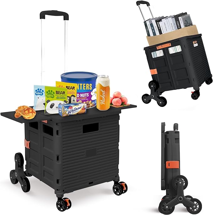 Foldable Utility Cart Collapsible Portable Crate Rolling Carts with Stair Climbing Wheels Tote Basket with Magnetic Lid Telescopic Cover Wear-Resistant 360°Rotate Wheel Noiseless for Shopping Office