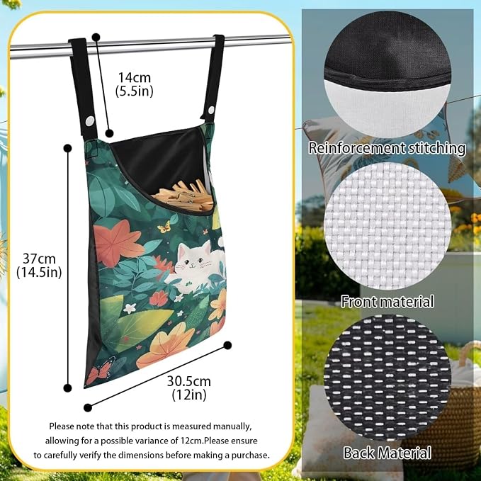White Cat Clothes Pin Bag to Hang On Line Reusable Clothespin Holder Laundry Room Clothespin Holder with Large Opening Space-Saving Clothespin Storage Solution