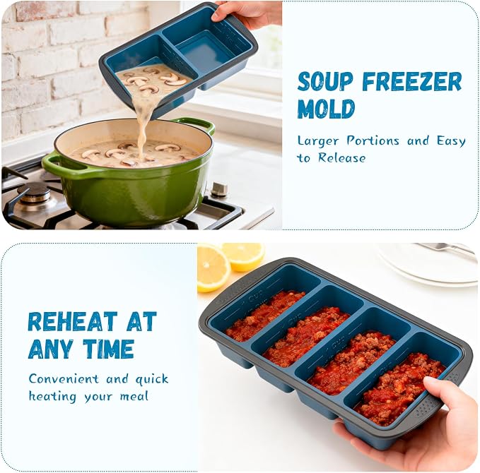 GORCI Silicone Freezer Tray With Lid, 4 Large 2 Cup Soup Freezer Molds, Soup Freezer Container for Meal Prepping, Large Ice Cube Tray， Perfect for Storing Leftovers, Sauces, Lasagna, 2-Pack