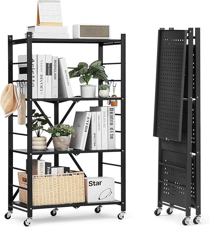 VEVOR 4-Tier Foldable Storage Shelf, 26W x 13D x 46H Inch Folding Metal Rack Shelving Unit, No Assembly Organizer Shelf with 5 Wheels & 4 Hooks for Pantry, Kitchen, Garage, Basement, Black