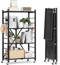 VEVOR 4-Tier Foldable Storage Shelf, 26W x 13D x 46H Inch Folding Metal Rack Shelving Unit, No Assembly Organizer Shelf with 5 Wheels & 4 Hooks for Pantry, Kitchen, Garage, Basement, Black