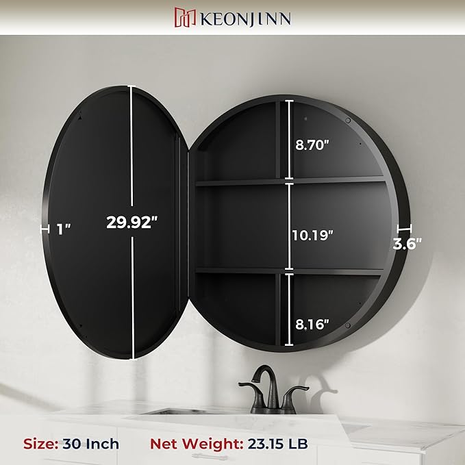 Keonjinn 30 in Round Black Medicine Cabinets with Mirror, Large Farmhouse Medicine Cabinet for Bathroom, Circle Bath Mirror with Storage, Metal Frame Medicine Cabinet for Wall with Detachable Shelves