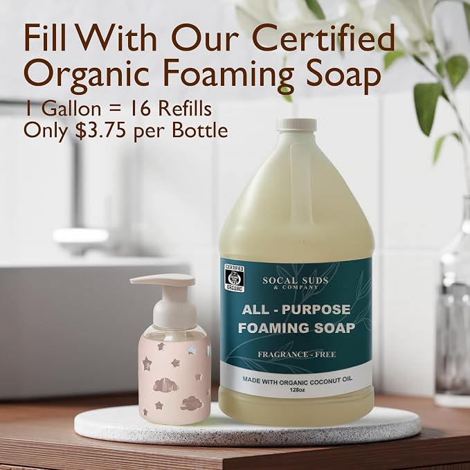 SoCal Suds & Company Foaming Hand Soap Dispenser Glass, Liquid Soap Pump with Cloud & Star Sleeve, Refillable Bottle for Kids, Baby Wash & Shampoo, Ideal for Bathroom & Kitchen Use, Light Pink, 8oz