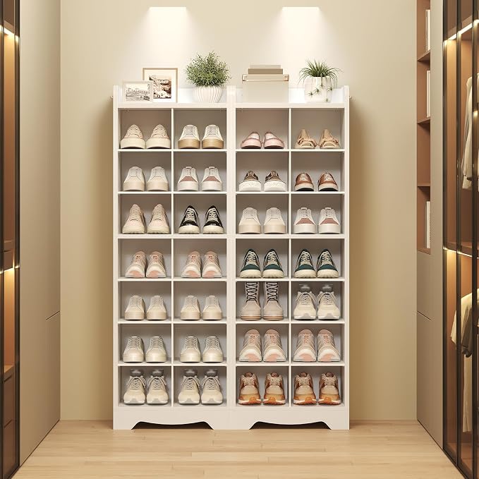 YATINEY 8-Tier Tall Shoe Rack, Wooden Shoe Storage Cabinet for Entryway | Removable Shoe Shelves for Closet, Shoe Cubby Organizer, Narrow Shoe Organizer, Raised Surface Edge Shoe Shelf, White