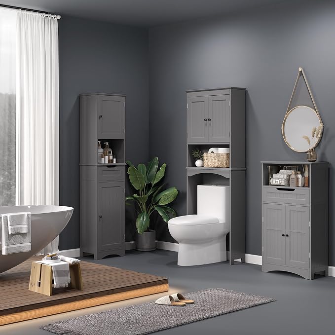 Bealife Over The Toilet Storage Cabinet with Open Shelf - Grey | Over Toilet Bathroom Organizer with Adjustable Shelf and Double Doors, Space Saver Free Standing Storage Shelf for Bathroom