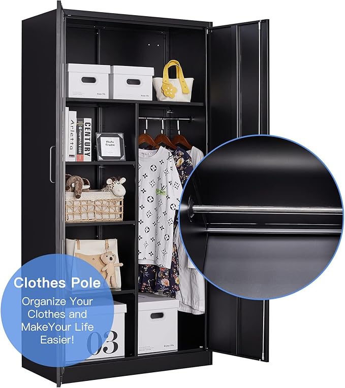 Yizosh Metal Armoire Wardrobe Closet Cabinet for Hanging Clothes with Lock Doors, -72" Steel Lockable Wardrobe Storage Locker Clothes Organizer for Bedroom, Laundry Room (Black)