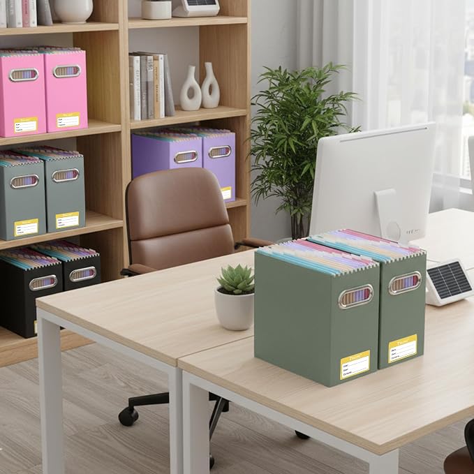 BALEINE File Organizer Box, Cardboard File Folder Organizer with Handle for Letter Size, Portable Collapsible Hanging Filing Box for Home Office Document Storage (4 Pack,Olive)