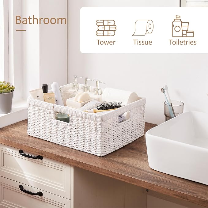 OIAHOMY Wicker Storage Basket, Rectangular Paper Rope Shelf Baskets with Built-in Handles, Woven Decorative Organizer for Pantry, Shelves, Living Room and Bathroom, 1-Pack White