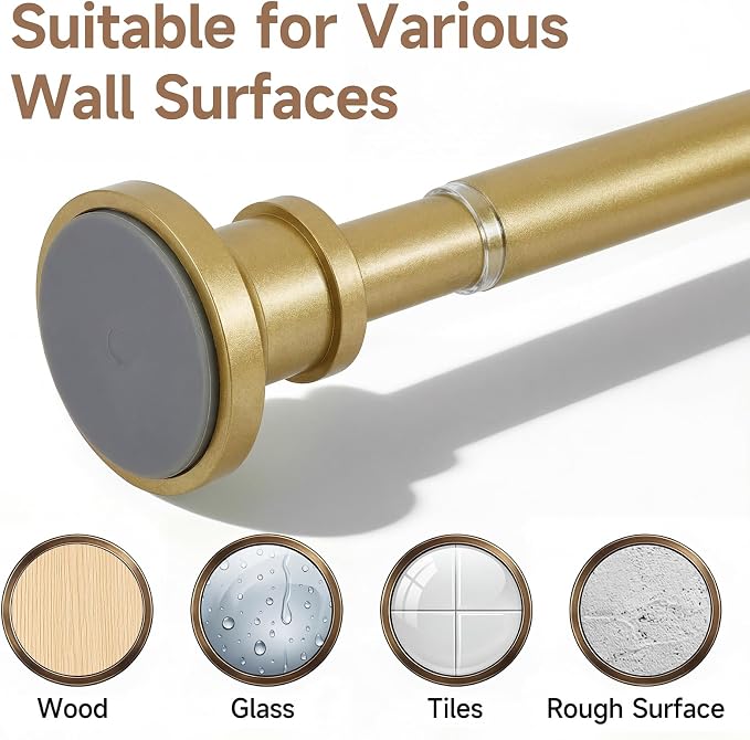 BRIOFOX Gold Tension Curtain Rod 24 to 110 Inch(2-9.1ft) - Stainless Steel Spring Tension Shower Curtain Rod, No Drilling Satin Gold Tension Rod for Curtains or Windows