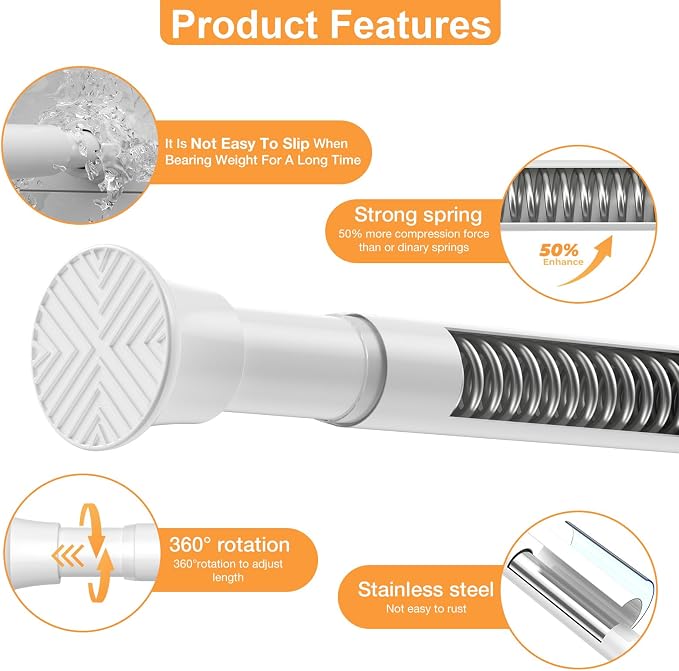 Tension Curtain Rod 30-76Inch,White Tension Rod for Windows Shower Curtain Rods No Drilling Spring Adjustable Curtain Rods for Windows,Doorway,Bathroom,Closet,7/8" Diameter