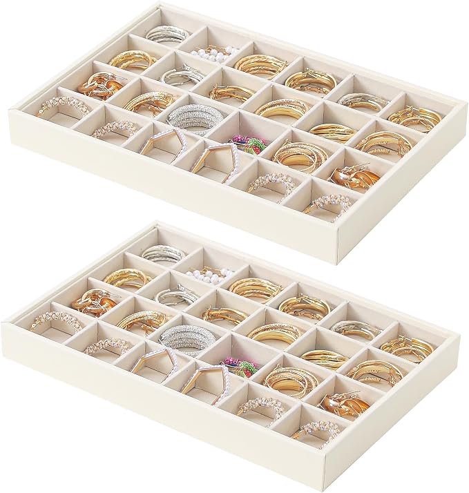 Stackable Jewelry Organizer Tray For Drawers,White Leather Small Earring Storage Tray,Bracelet And Necklace Display Box,Jewelry Ring Display Case (24 Grids)