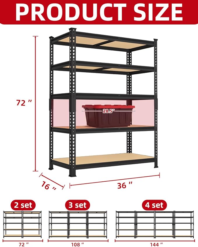 PrimeZone 36" x 16" x 72" Heavy Duty Storage Shelves - 5 Tier Adjustable Garage Storage Shelving, Metal Storage Utility Rack Shelf Unit for Warehouse Pantry Closet Kitchen, Black, 3 Pack