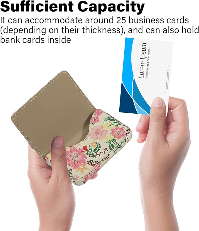 Business Card Holder，PU Leather Business Card Case Color Printing Pattern Card Holder Wallet，Pockets Magnetic Credit Card Holders for Men and Women - Red Yellow Flowers