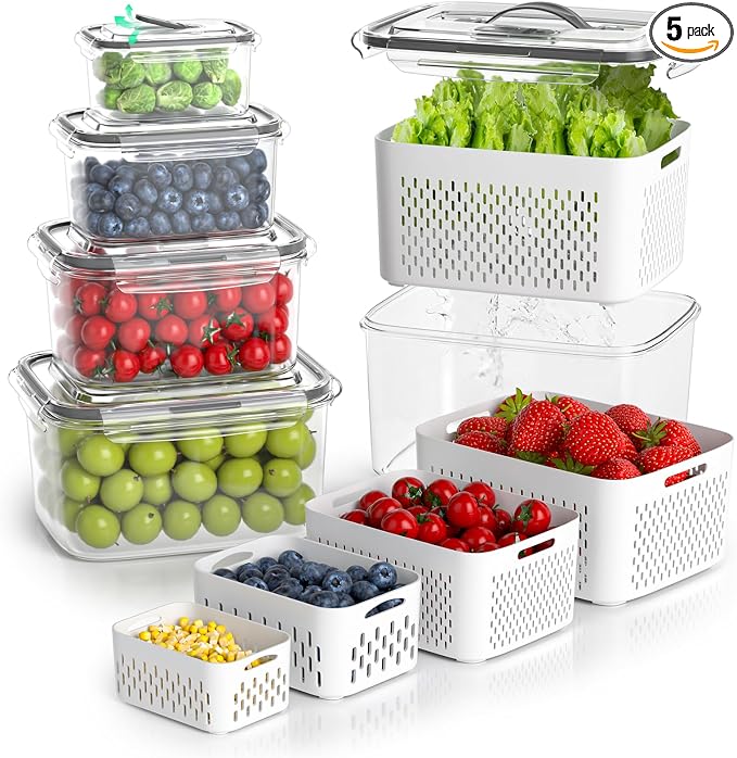 BOICHU Fruit Storage Containers for Fridge - 5 Size Berry Containers for Fridge Keep Fresh with Colanders and Vent Handle Lids, Clear Vegetable Storage Containers for Refrigerator, Lettuce Keeper