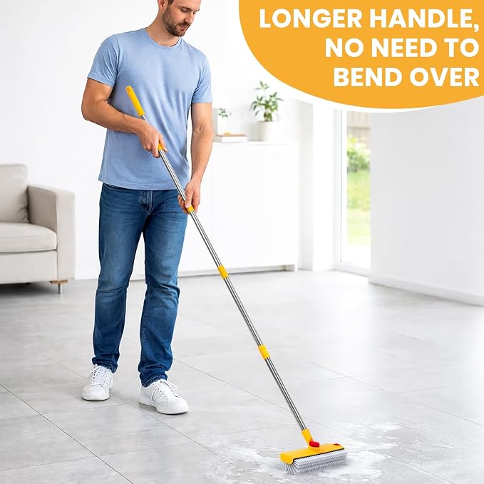 REEWII 64in Floor Scrub Brush with Long Handle,3 in 1 Hard Bristle Cleaning Brush with Scraper and Tweezers for Household Cleaning, Bathroom, Swimming Pool, Garage, Windows, Walls, and Terrace Decks