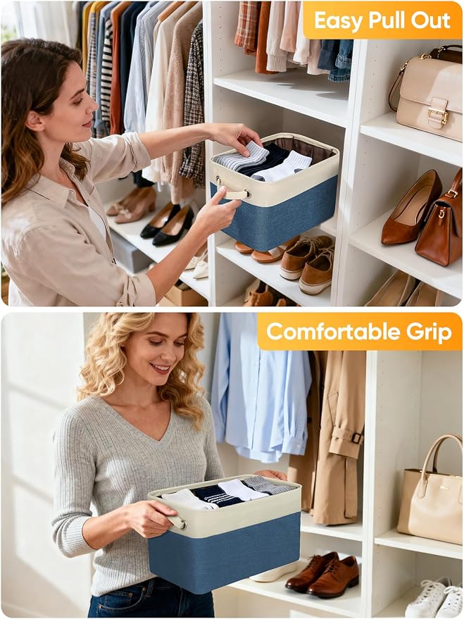 BALEINE 2 Pack Fabric Closet Storage Bins for Shelves, Linen Closet Organizers and Storage, Decorative Baskets for Organizing, Shelf, Clothes, Home, Office (Navy Blue, 17''x13''x10.5'')
