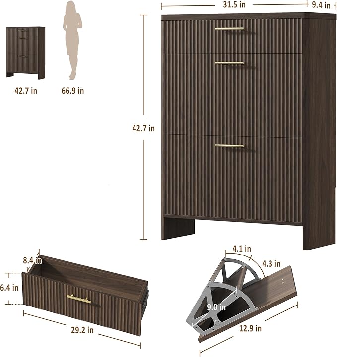 Fluted Shoe Storage Cabinet for Entryway, Narrow Wooden Shoe Cabinet with 2 Flip Drawers & Pull-Out Drawer, Modern Freestanding Slim Shoe Organizer Rack for Foyer/Hallway/Living Room, Walnut