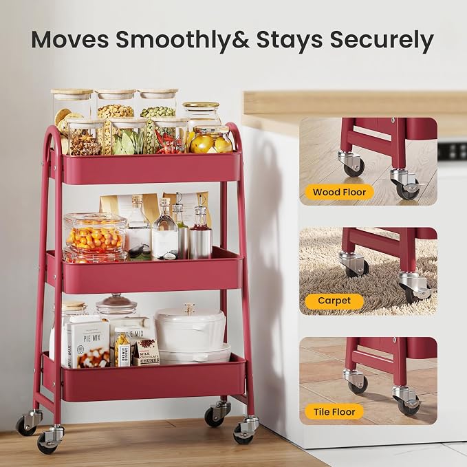 DUMOS 3 Tiers Rolling Cart, Utility Cart, Metal, White | Mobile Storage, Lockable Wheels, Utility Shelving Unit, Kitchen, Bathroom, Laundry, Narrow Places