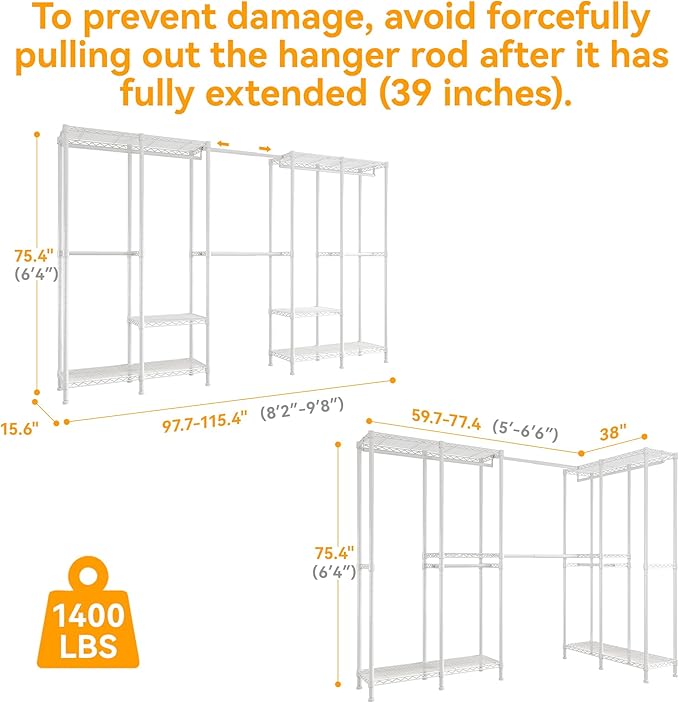 Higeego H5 Pro Heavy Duty Clothes Rack Wardrobe Closet for Hanging Clothes, Freestanding Garment Rack with Expandable Hanger Rods, Closet Organizer and Storage, (97.7-115.4")L x 15.7"W x 75.4"H, White