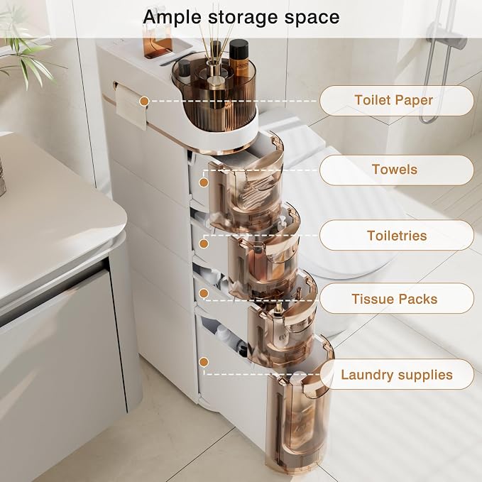 VECELO 4-Tier Slim Bathroom Storage Cabinet with Wheels, Skinny Bathroom Storage Cabinet with Drawers, Toilet Paper Holder, Movable Narrow Floor Cabinet for Small Space, Bathroom