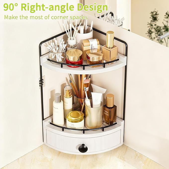 2-Tier Corner Bathroom Counter Organizer with Drawer, White | Embedded Screw Holes, Wooden Countertop Organizers, Space-Saving, Bottom Ventilation Design, Counter Shelf for Vanity
