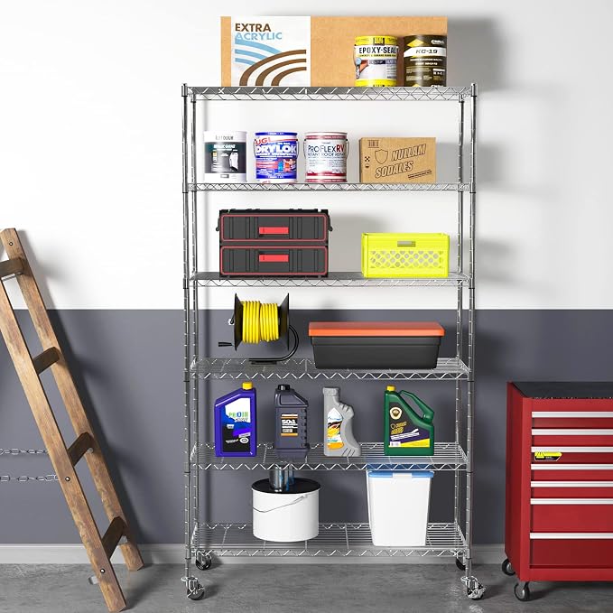 BestOffice Commercial Wire Shelving Unit Metal Shelf Casters Adjustable Layer Rack Strong Steel for Restaurant Garage Pantry Kitchen Garage (45×18×82, Chrome)