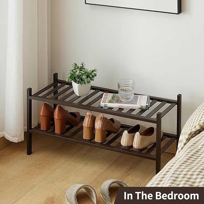 2-Tier Bamboo Shoe Rack for Entryway, Stackable | Heavy Duty | Multi-Function, Free Standing Shoe Racks for Bedroom Hallway Closet