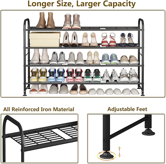 LINZINAR 4 Tier Long Shoe Rack for Closet Metal Shoe Organizer for Entryway | Spacious design stores 25+ pairs of shoes,durable metal frame,space-saving organizer for closet, hallway, and Entryway Black