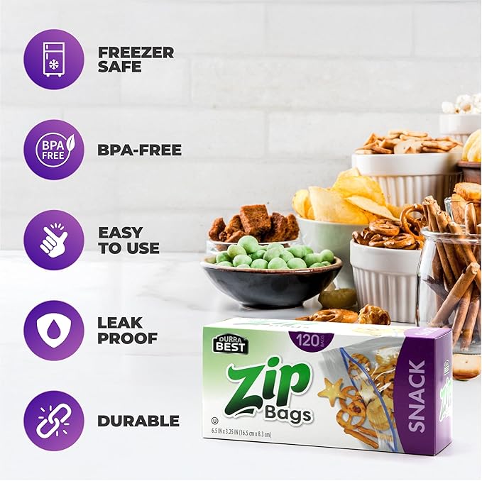 Snack Zip Bags - 480 Count | Resealable, Leak-Proof & Freezer Safe Food Storage Bags | BPA-Free Durable Zip Seal for Snacks, Fruits, Veggies & Lunch | DURRA BEST