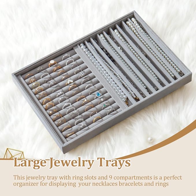 Large Jewelry Organizer for Drawer Insert Velvet Stackable Jewelry Trays for Earring Necklace Bracelet Ring Display (Gray, Ring and 9 Grids)