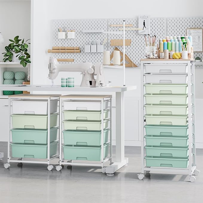 SYKIARIOL Rolling Cart with Drawers,10 Drawer Rolling Cart,Storage Cart,Utility Cart,Teacher Cart for Classroom Storage,Craft Cart with Wheels and Wooden Tabletop,Green