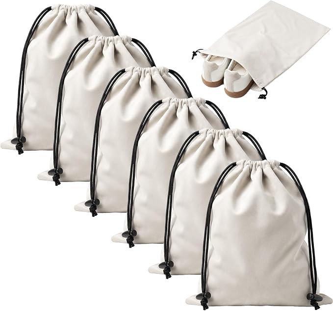 Upgraded Shoe Bags for Travel, 6 Pack Soft Flannel/Cloth/Fabric | Large 17.7 x 13.8 Inches | Fits One Pair of Shoes up to Men's US Size 13 | Washable & Reusable | Ideal for Suitcase Packing