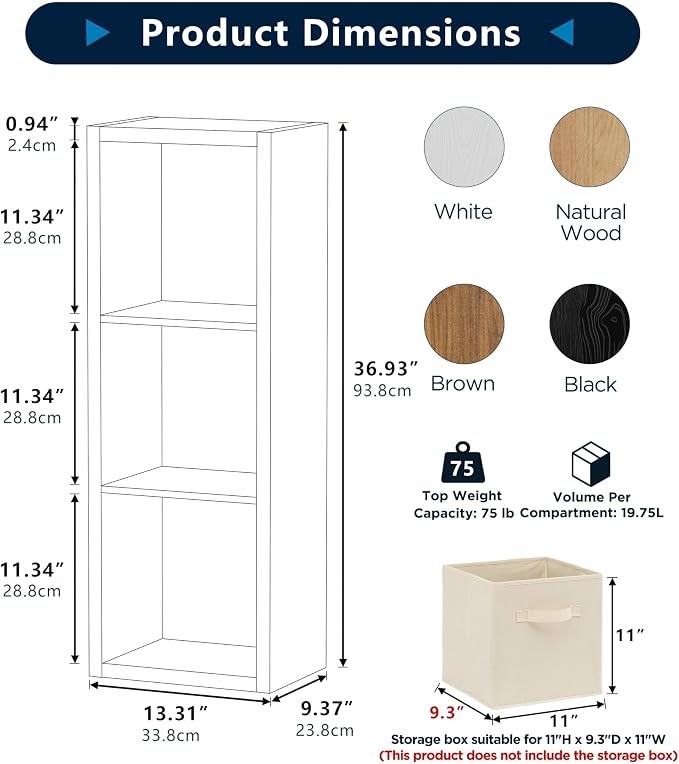 3 Cube Storage Organizer Single Row, Cube Shelf with Heavy-Duty Thick Boards, 13.31" L x 9.37" W x 36.93" H, Smooth Easy-Clean Panels, Simple Assembly, for Living Room Bedroom Office, White
