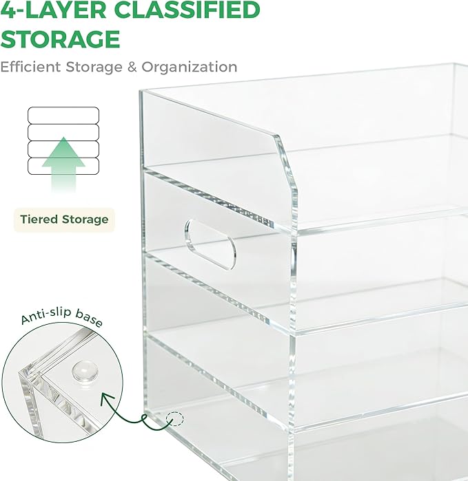 Paper Tray Organizer for Desk, 4 Tier Acrylic Desk Organizers and Accessories, One-Piece Integrated A4 Paper Organizer with Handles, Crystal-Clear Letter Tray & Office File Holder, Books Notes