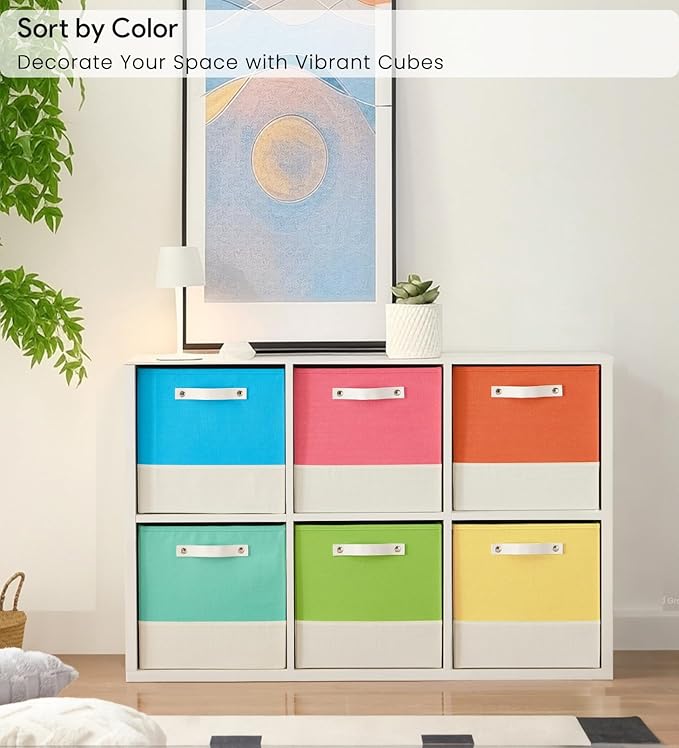 Cube Storage Bins | 10.5"x10.5"x11", Macaron & White, 6 Pack | Multi-Size | 2X Thick Support Board | Vegan Leather Handles | 7.7 oz/yd² Fabric | 11"x11" Drawer Insert Basket