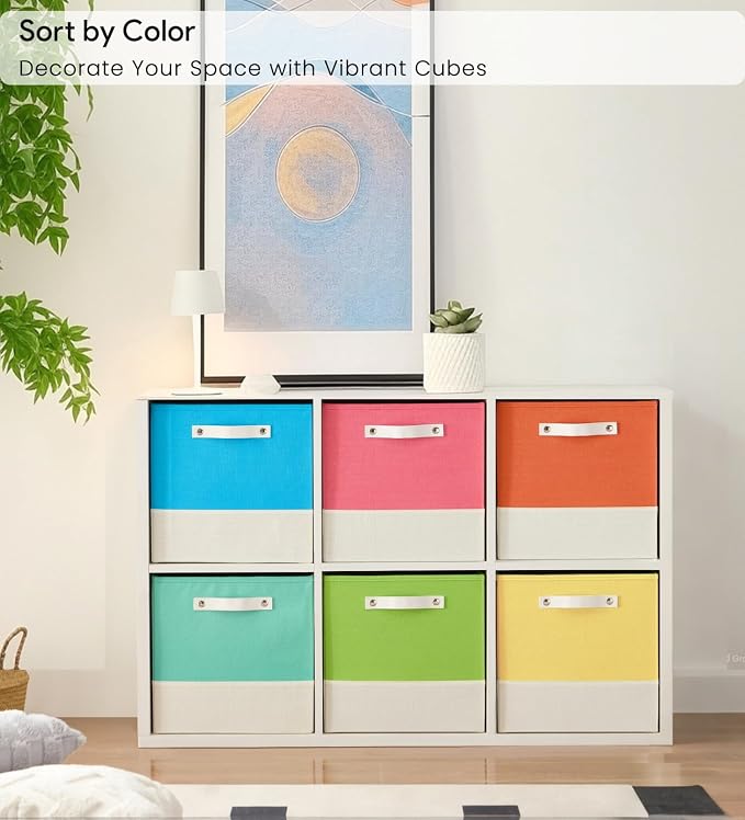 Cube Storage Bins | 9.5"x9.5"x9.8", Macaron & White, 6 Pack | Multi-Size | 2X Thick Support Board | Vegan Leather Handles | 7.7 oz/yd² Fabric | 10"x10" Drawer Insert Basket