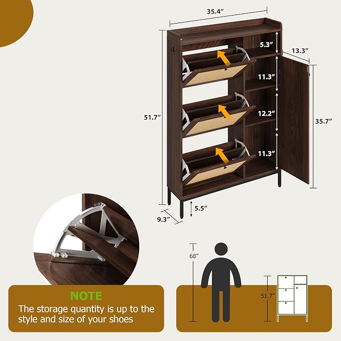 Garvee Shoe Cabinet with 3 Flip Drawers and 4-Tier Shoe Storage Cabinet, Freestanding Shoe Organizer with Adjustable Shelf and Rattan Doors for Entryway, Closet, Hallway
