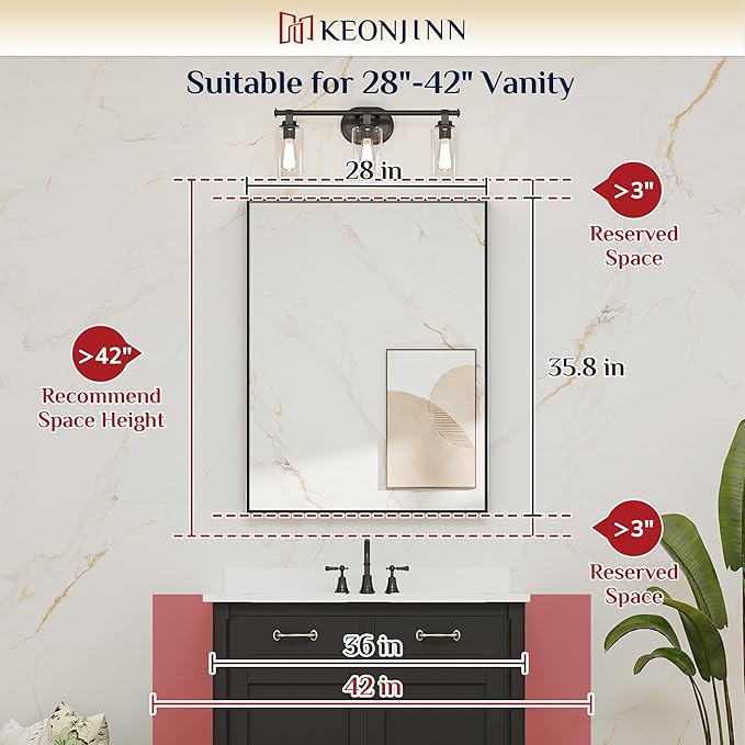 Keonjinn 28 x 36 Inch Black Bathroom Mirror, Rectangle Wall Vanity Mirrors, Metal Framed Farmhouse Mirror Brushed Square Corner, Modern Bathroom Mirrors for Over Sink(Horizontal/Vertical)