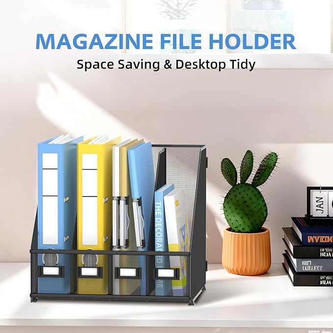 4 Vertical Compartments Magazine File Holder, Metal Binder Organizer, Black | Space-Saving Desktop Storage, Built-In Label Holders, Anti-Slip Feet, Sized for Binders, Folders, Magazines and Files