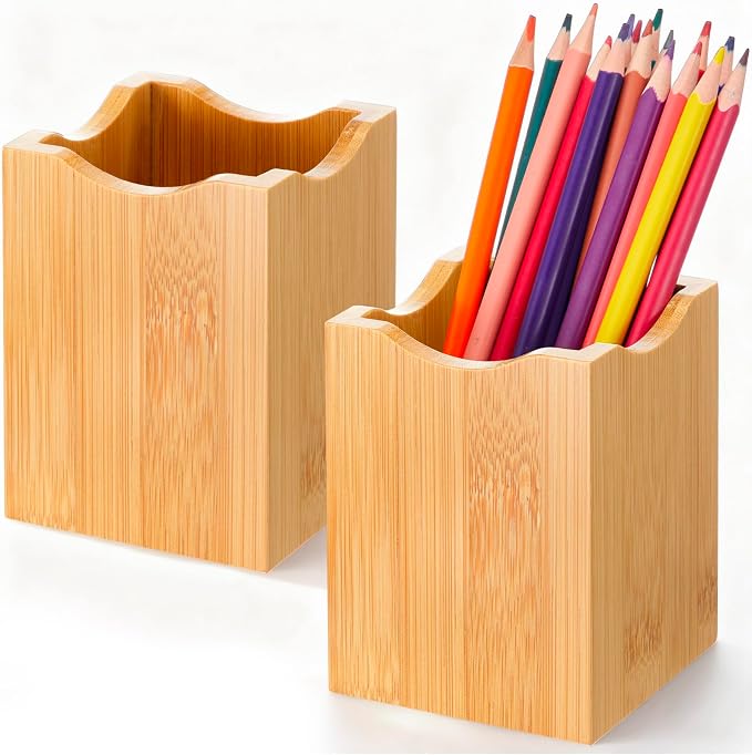 Henoyso 2 Pcs Bamboo Wood Pen Pencil Holder Square Pencil Cup Stand Makeup Organizer for Pen Holder Desk Home Office Adults(Bamboo Wood, Wavy)