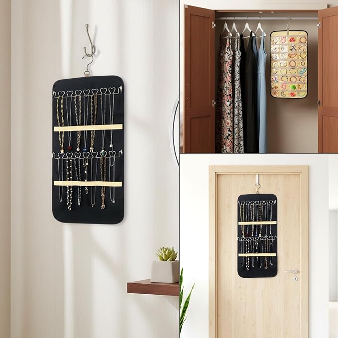 2 Pack Hanging Jewelry Organizer Storage with 32 Pockets and Hooks Dual-Sided Hanging Jewelry Organizers and Storage Hang on Closet, Wall, Door for Earrings, Necklaces, Rings,Blcak