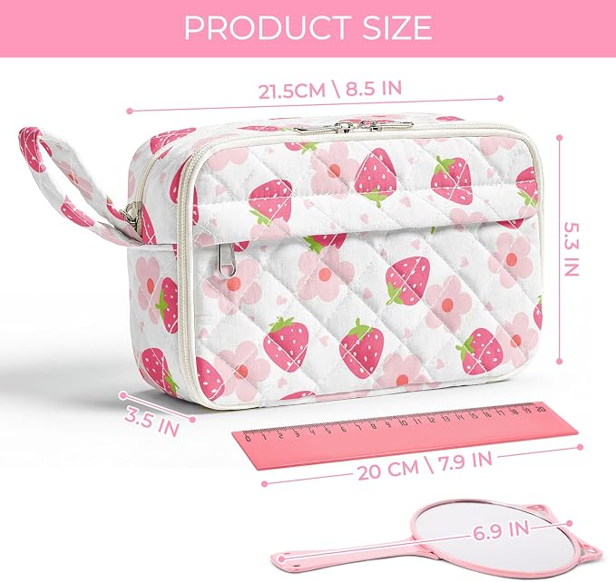 WOBAGMEN Quilted Pencil Pouch for Women, Large Capacity Pencil Case with Compartments, Cute Aesthetic Pencil Organizer, Floral Stationery Pouch（Cute Strawberry Floral1）