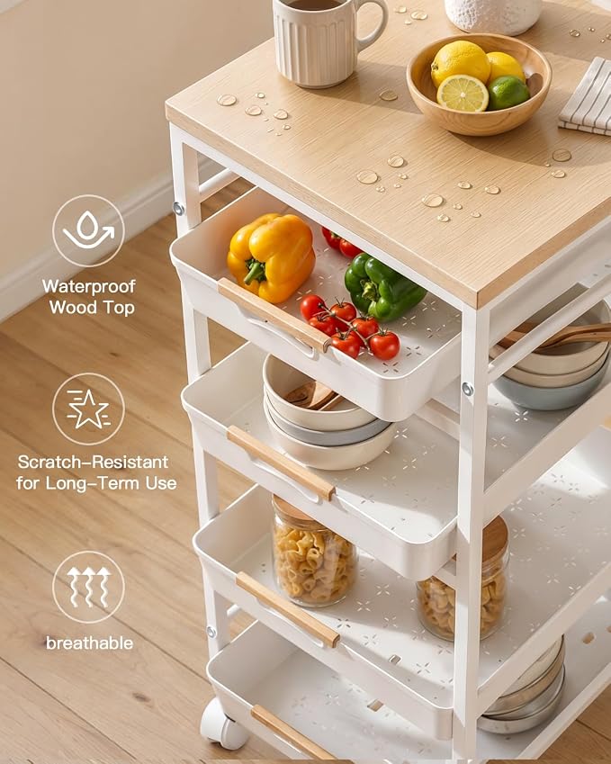 Pipishell Rolling Storage Cart with Drawers & Lockable Wheels, 5 Tier Kitchen Cart with Safety Stops & Vented Design, Wood Top, Pull-Out Utility Cart for Kitchen, Home Office, Bedside, White