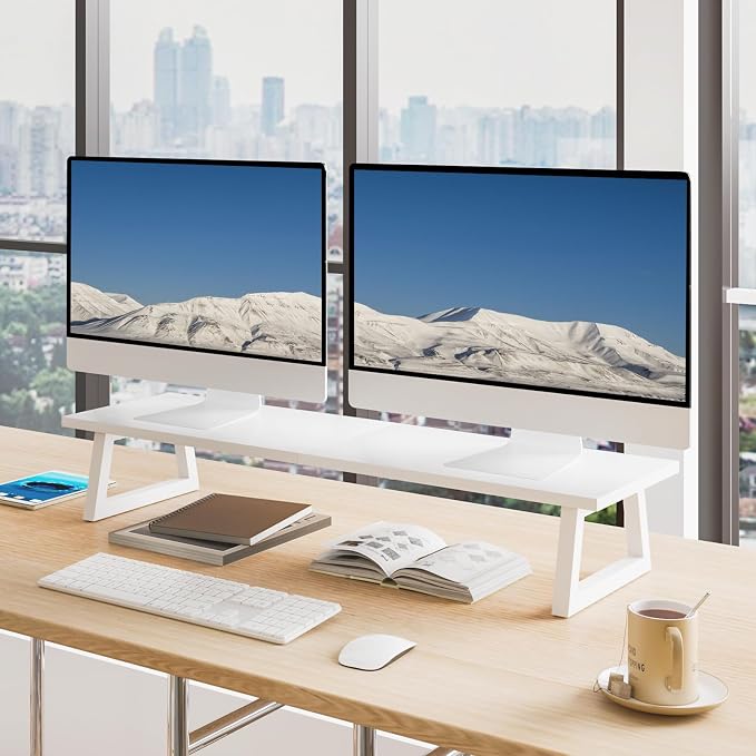 TEAMIX White Dual Monitor Stand Riser, 31.5 inch Long Stand, Desk Organizer | For Computer, Laptop, PC, Printer, Wood & Steel TV Stand, Holds 150lbs, Keyboard & PS5 Storage, For Home Office & Gaming