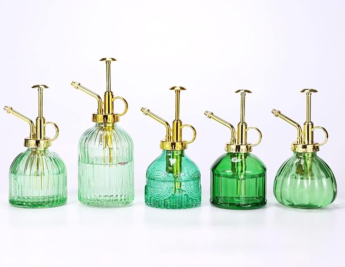Glass Plant Mister Spray Bottle, 6.5" Green Glass Water Spray Bottle with Gold Top Pump Small Watering Can, Small Plant Sprayer Mister for Indoor Outdoor House, Green+Gold (Green+Gold D)